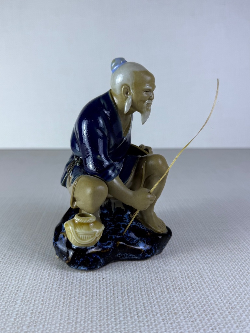 Shiwan Style Mudman Fisherman Figurine Blue Robe Chinese Ceramic Sculpture - Picture 6 of 10